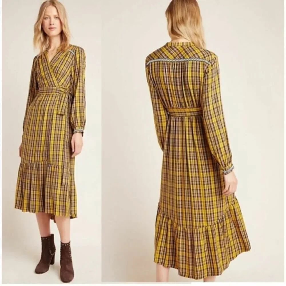 Anthropologie Dalton Plaid wrap maxi dress embroidered XS